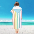 Hooded microfiber beach poncho featuring colorful vertical rainbow stripes and light blue hood - Pullover Style - Rainbow Vertical Stripe
