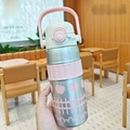 Silver 600ml insulated vacuum cup with pink accents and apple pattern for students - Silver-Apple