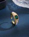 Gold open ring with emerald gemstone, pearls and diamonds on a deep blue background - One Size / Gold With Emerald & Pearl