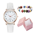 Orologio al quarzo luminoso con cinturino in pelle bianca e bracciale in un regalo - Bianco + Bracciale + Scatola