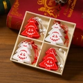 Detailed view of red and white wooden Christmas tree ornaments in a wooden gift box - Style 6 (12 Pieces)