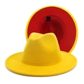 Two-tone yellow and red British style wool fedora hat with wide flat brim for autumn. - M (56-58cm) / Yellow with Red Inside