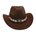 Dark brown felt jazz hat for kids with ethnic style band and turquoise gemstone accents - Kids Size (52-54cm) / Coffee