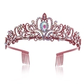 Elegant red metal bridal tiara with colorful rainbow rhinestones and secure hair combs - Red Base AB Aurora Rhinestone