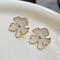 Floral stud earrings with white enamel finish and gold stainless steel borders - White Marble Petals (FYD6036EH-white)