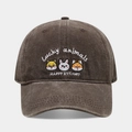 Vintage washed dark brown baseball cap featuring cute embroidered lucky animals for unisex - Adjustable / Coffee