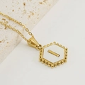 Minimalist 18K gold hexagonal pendant necklace with white letter I on a beige stone - Style I (Pendant Only) / Pendant Only