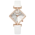 Women's quartz watch with a rhombic rose gold case and white crocodile-embossed strap - White