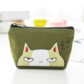 Olive green canvas coin purse featuring a cartoon grumpy cat and black metal zipper - Sassy Cat (Army Green)