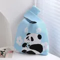 Light blue knitted handbag featuring cute panda and flower patterns for women - Blue Floral Panda