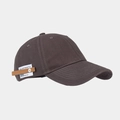 Detail view of cotton baseball cap featuring side white woven label and leather strap - Gray