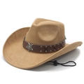 Ethnic western cowboy hat in khaki suede with star badge belt and chin strap - M (56-58cm) / Camel