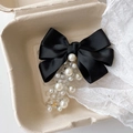 Elegant black silk bow hair claw with white pearls and spiral transparent grip - Clear Spiral Cord/Pearl Decor / Black Bowknot (White Pearl)