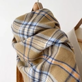 Detail of soft plaid scarf showing thick cashmere-like texture and warm ginger patterns - Thickened Long Style with Tassels / Ginger Blue Orange Color-Block(06310)