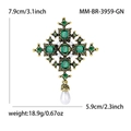Baroque cross brooch with green gemstone and pearl pendant in bronze finish - Antique Gold-Green