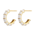 Modern C-shaped gold-plated stainless steel earrings with striped white enamel finish - Enamel Wheel C-Shaped Studs - White