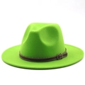 Close-up of bright green wool fedora hat with brown leather belt and metal buckle detail - M (56-58cm) / Fruit Green