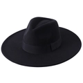 Classic black wide brim wool fedora hat for adults with grosgrain ribbon decoration - One Size 58cm Circumference / Black