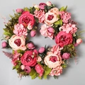 16-inch artificial wreath with pink silk peonies, hydrangeas and green leaves - 16inches/40cm / Dark Pink Peony