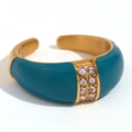 18K vergoldeter Edelstahlring mit blauem Emaille und funkelndem Kristall-Inlay - Offener Kuppel-Emaille-Ring - Gold Blau