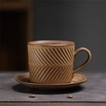 Vintage brown stoneware coffee cup and saucer set with textured V-shape pattern - 242-a Mimosa Pudding Set (antique Yellow) 300ml / Universal