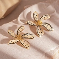 Detail of floral earrings with cream petals, black dots, and gold metallic edges - Silver Needle-Gold Polka Dot Flower Stud Earrings