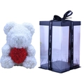 White rose bear holding a red heart in transparent gift box with black ribbon - Flower Bear+40CM Gift Box+Light / White with Red Heart
