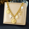 Pulsera de acero dorado con colgantes de perlas, cruz y medalla de la virgen - Collar de la Virgen María Vintage (N3789)
