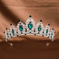 Silver bridal crown with green teardrop gemstones and sparkling clear rhinestones - Silver Green
