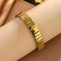 Adjustable gold stretch bracelet featuring three heart charms and a modular metal chain - K1302-Gold Triple Embossed Hearts