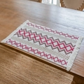 Rectangle cotton linen table runner with red-brown zig-zag weave and fringe detail - Wine Red Wave Grid
