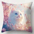 Linen cushion cover with white cat and pink flower illustration for sofa decor - Style 14 / 45*45cm (No Core)