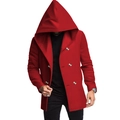 Detail of red hooded trench coat featuring double-breasted buttons and thick wool fabric - S / Red