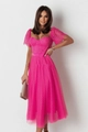 Detailansicht der rosaroten Spitzenkleid mit Puffärmeln und Polka-Dot-Netzgewebe - S / Fuchsia