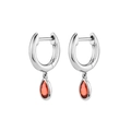 Detailed close-up of silver hoop earrings with pear-shaped red gemstone pendants - Silver Hoop Dark Red Teardrop Pendant (JHQ0009-SS-5)