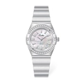 Detailed macro view of the silver stainless steel watch with a pearl dial and crystals - Mother of Pearl Dial Steel Strap
