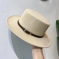 Classic beige flat top wool felt hat with brown leather belt and gold metal buckle - M (56-58cm) / Beige / Brown Band