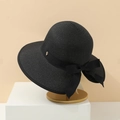 French style black straw sun hat with ribbon bow and gold metal buckle on a stand - M(56-58cm) / Black