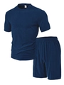 Detail of navy blue men summer set showing square textured fabric and interior neck labels - S / Navy Blue