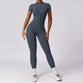 Short sleeve yoga jumpsuit with zipper front in charcoal grey skin-friendly fabric - Dark Blue