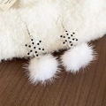 Detail of snowflake acrylic earrings featuring soft white pom poms and elegant hooks - Ear Hook Style / White