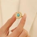 Französischer Vintage-Ring aus Titanstahl mit ovalem Türkisstein in Goldfassung - Runder Stil (K-169) / Gold