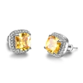 Elegant square yellow zircon stud earrings with white diamond halo in silver setting - Yellow