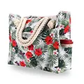 Detail of the durable rope handle and side pocket on this floral beach tote bag - Floral and Leaves