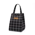 Black lunch bag with white grid pattern and Smile all the time label for office lunch - Black White Grid