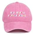 Detail of pink washed cotton baseball cap featuring No New Friends colorful embroidery - One Size / Pink