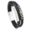Macro view of multi-layer black braided leather bracelet with magnetic alloy buckle - Black 03