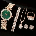 Close-up of luxury rose gold watch set with emerald green dial and diamond accents - Emerald Green Dial 5-Piece Set / Rose Gold/Green