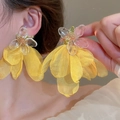 Statement yellow organza flower tassel earrings with silver needle for women - Exaggerated Organza Floral Style (24# Silver Needle - Yellow)
