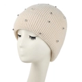 Beige knit beanie for women with sparkling rhinestones and silver beads decoration - L (58-60cm) / Beige